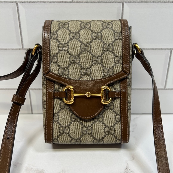 Gucci Horsebit 1955 Mini Bag Crossbody Purse Brown GG - Picture 1 of 10